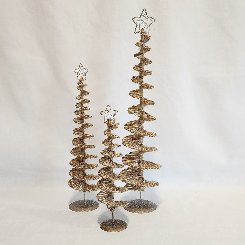 3 Rustic Jute Spiral Christmas Trees Wire Star Tabletop Decor Tan Gold 9" -‎ 16"